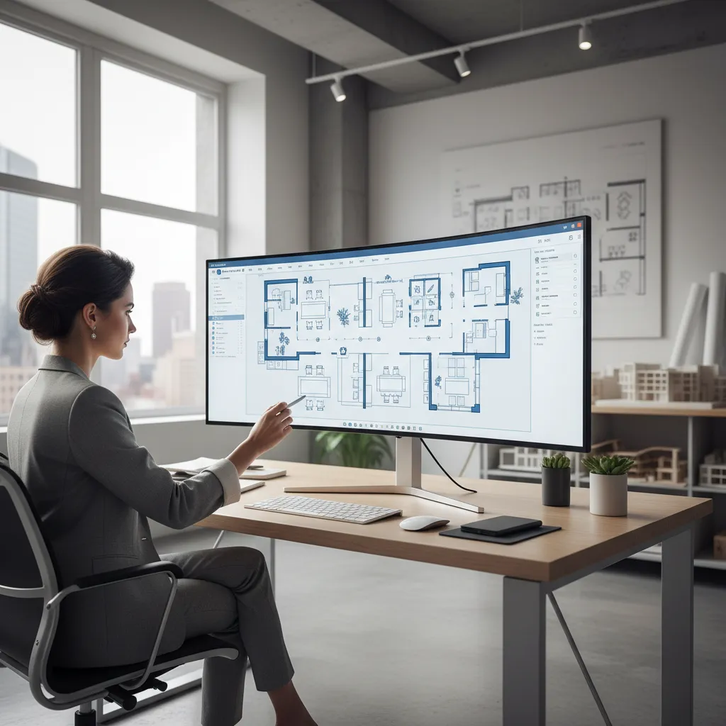 digital office layout planning interface displayed on a large monitor in a design studio