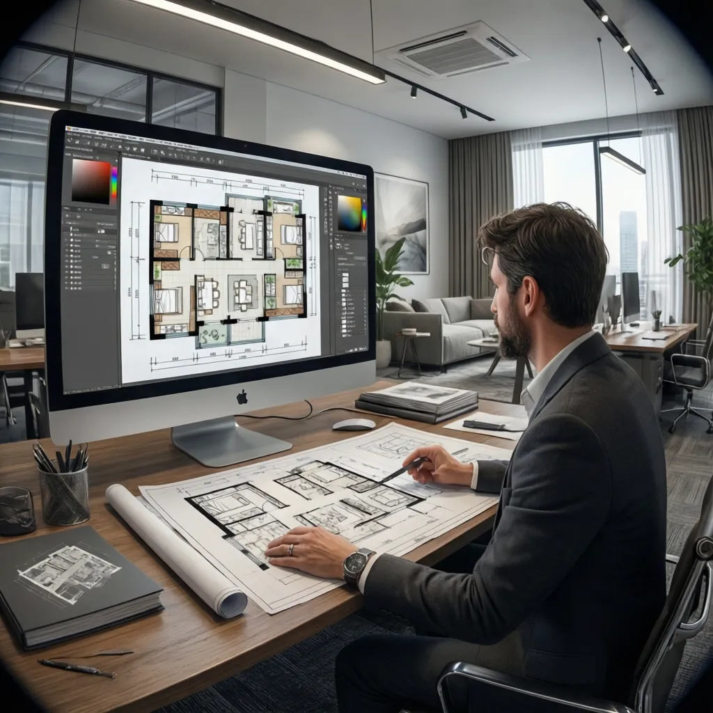 workspace layout planning with digital floor plan displayed on screen