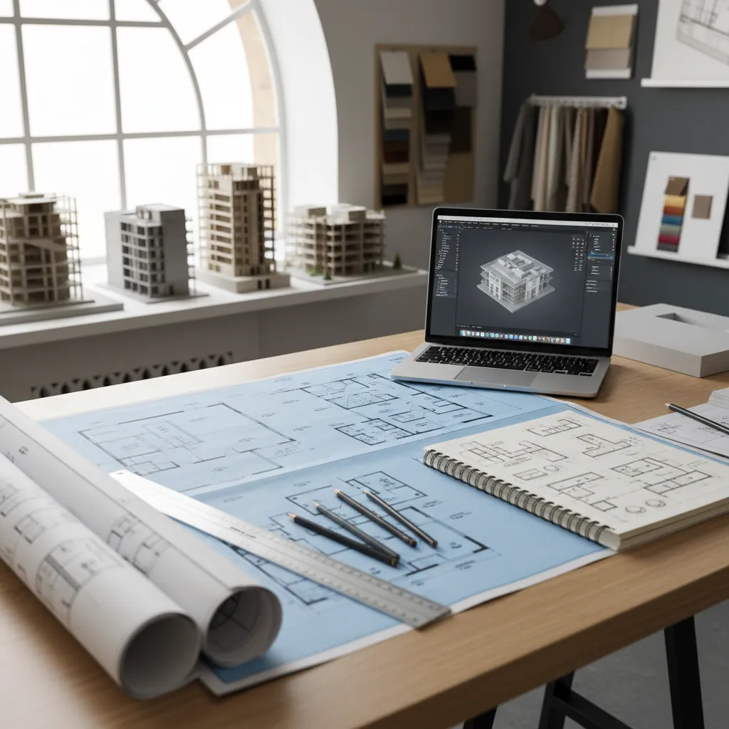Designer planning office layout with floor plan sketches