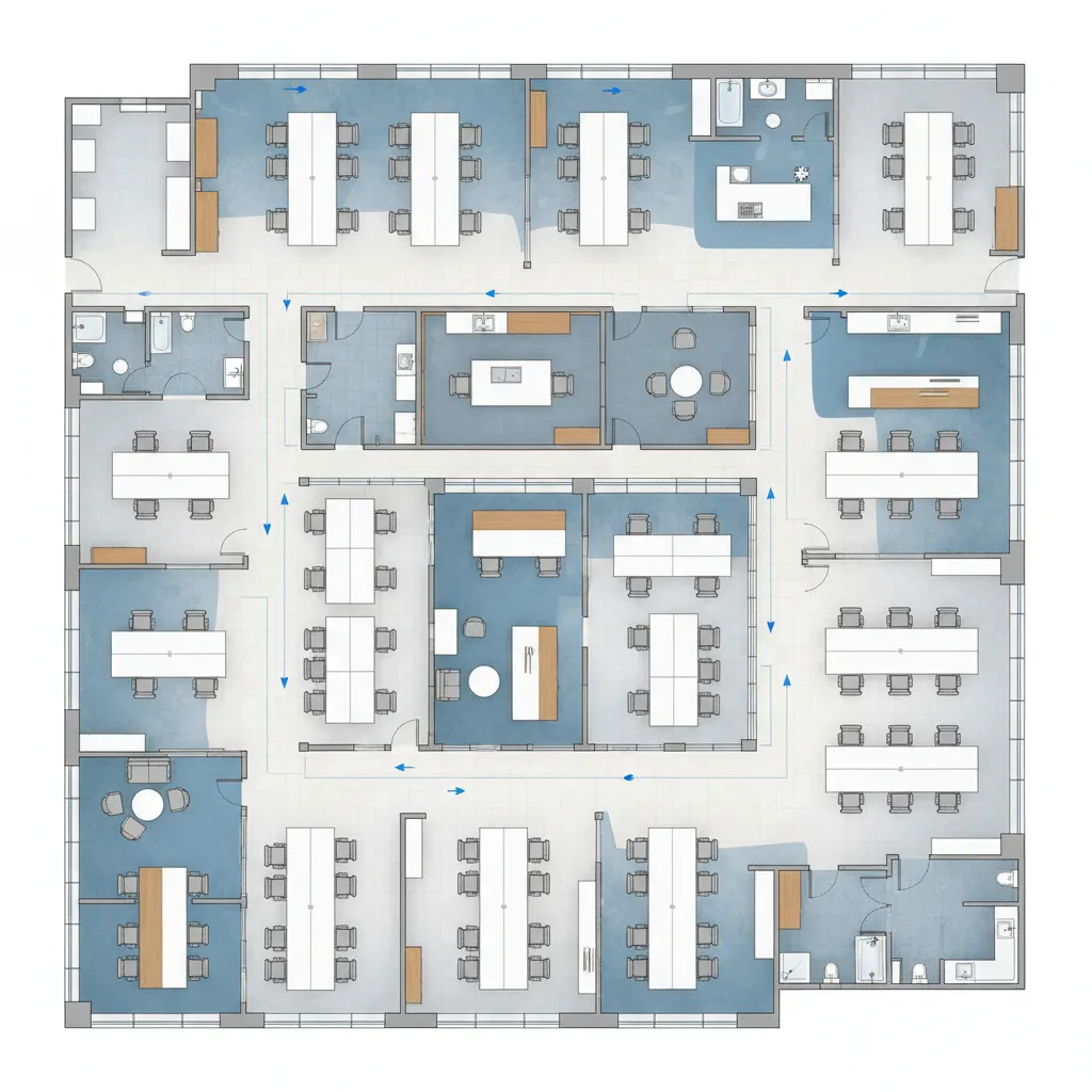 Office floor plan showing traffic flow and workspace zones