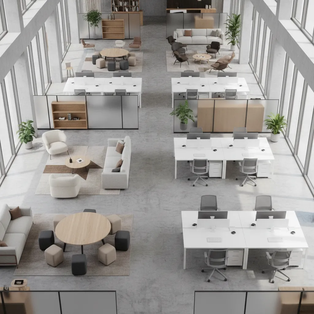 Large open plan office layout with white desks grey chairs sofas and round meeting tables
