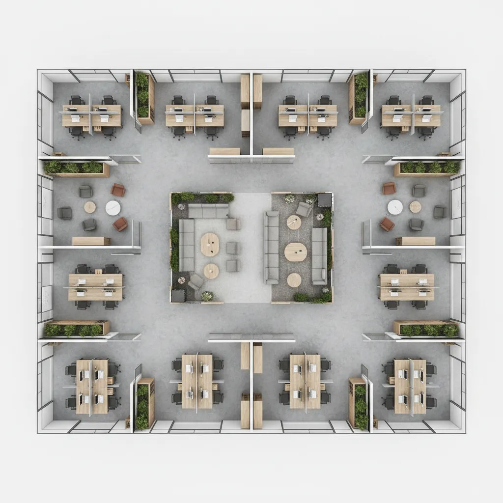 Office floor plan showing workstation zones meeting rooms and circulation paths