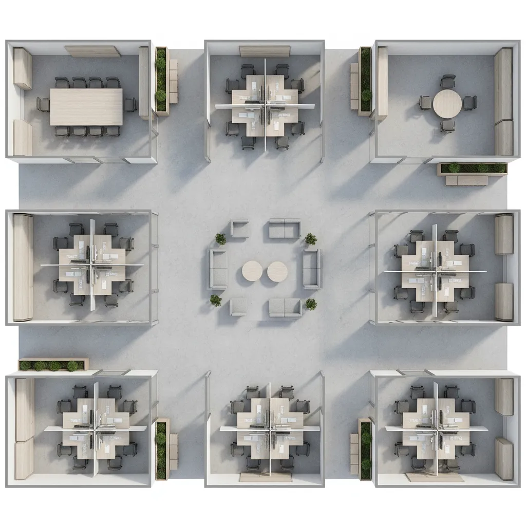 office floor plan showing desk zones meeting rooms and circulation paths
