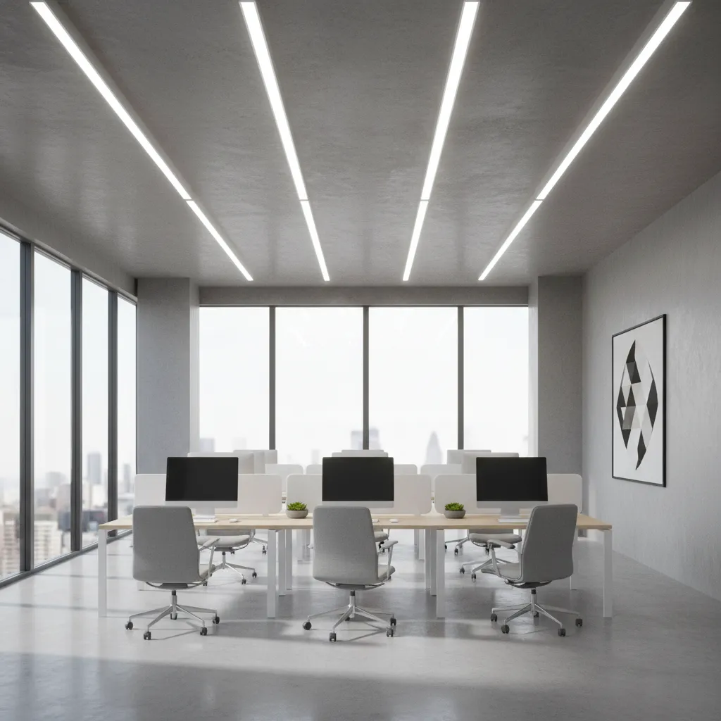 Iluminación profesional en oficina moderna con lámparas lineales