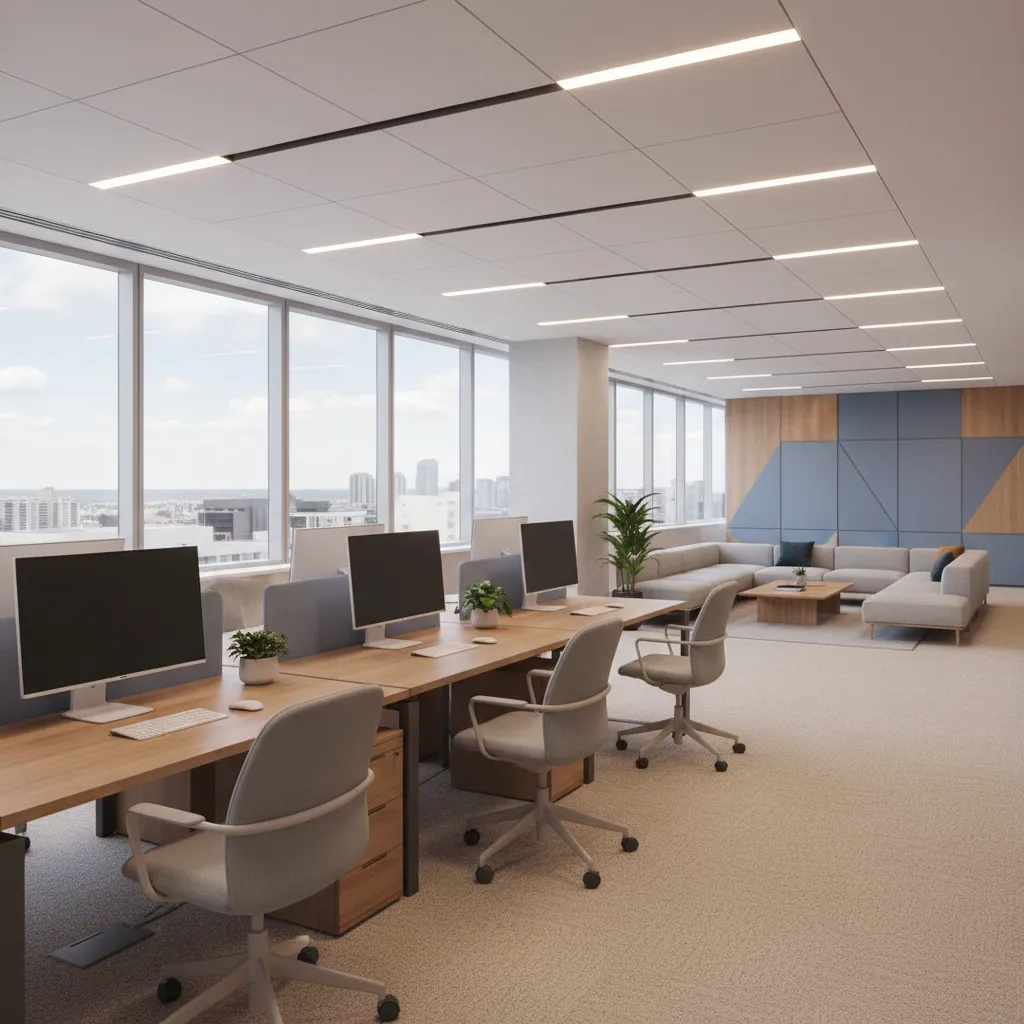 Modern office featuring wooden desks, gray chairs, large windows, ceiling lights, and a lounge sofa