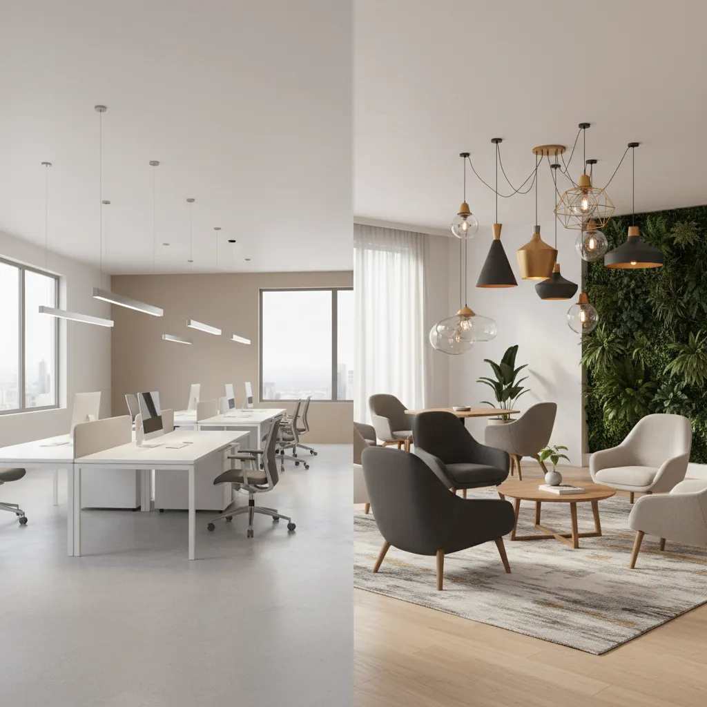 Comparison of linear office lighting fixtures and decorative pendant lights in break rooms