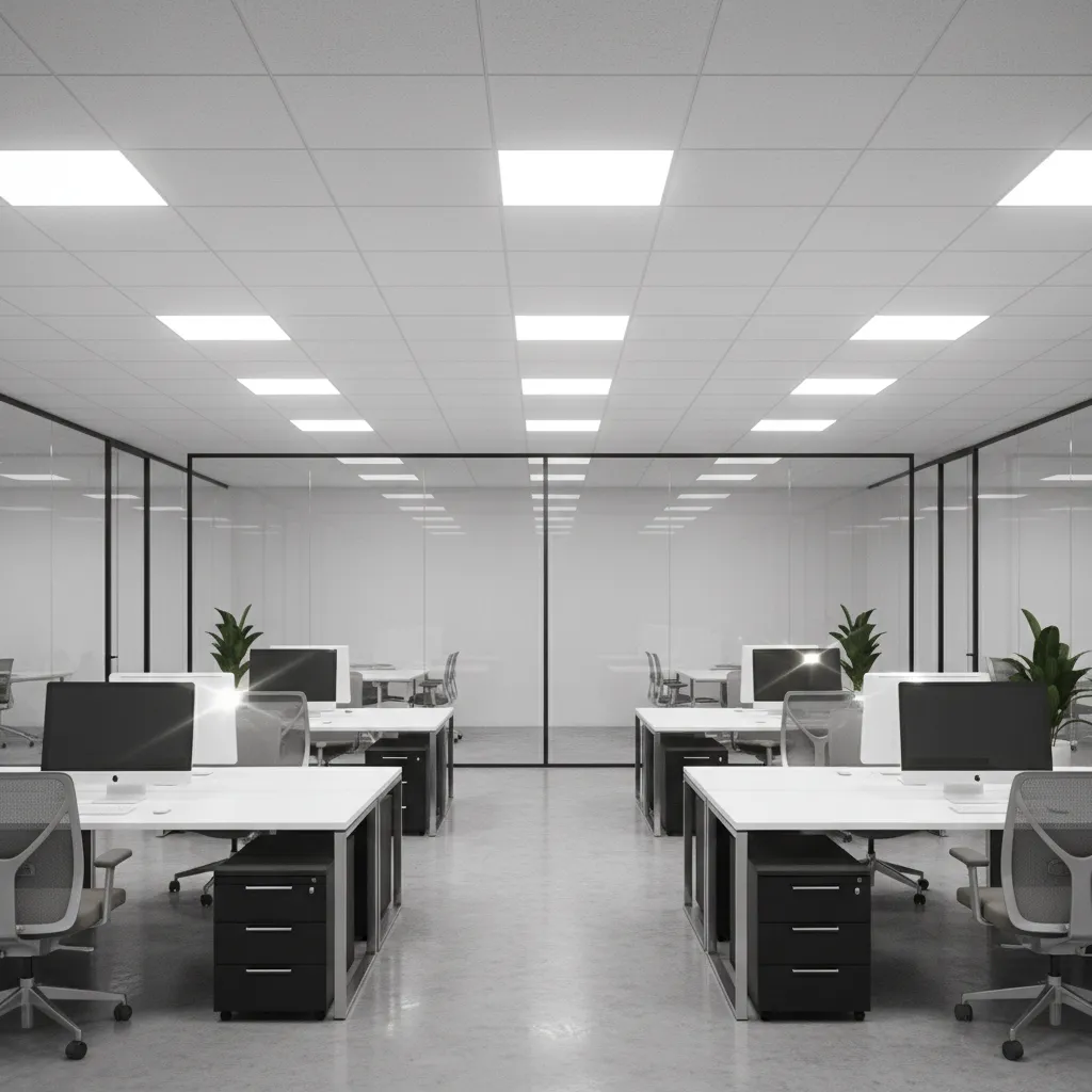 Office workspace showing glare caused by bright ceiling downlights