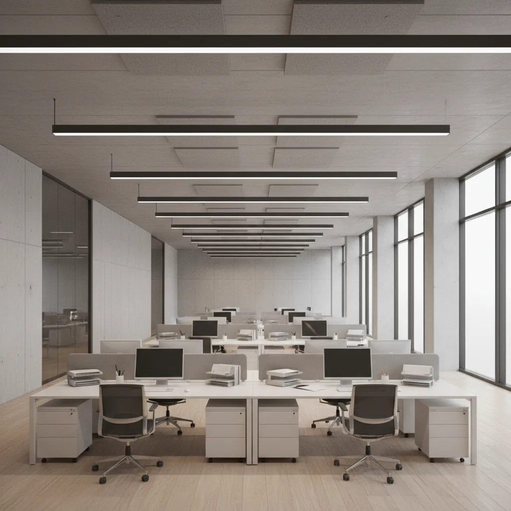 office ceiling layout showing aligned linear lighting above workstations