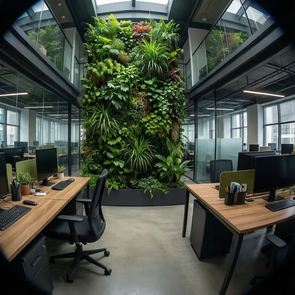 Modern office interior with a vertical indoor green wall and biophilic workspace design
