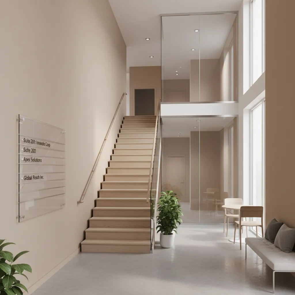 Interior lobby with staircase leading to second floor office hallway