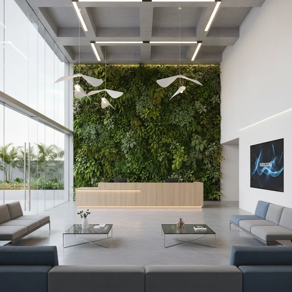 Corporate office lobby in Bangalore featuring a vertical living wall behind reception