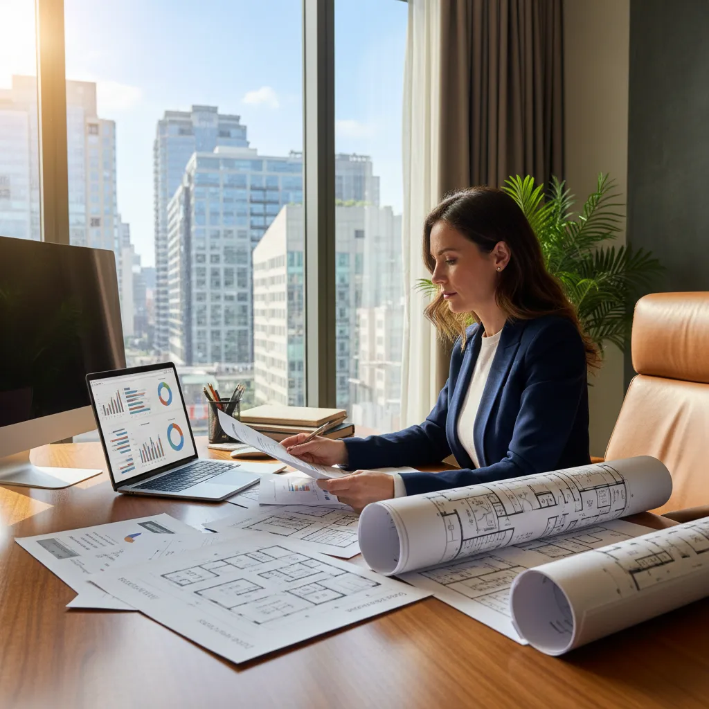 commercial real estate investor reviewing office property data and building layouts