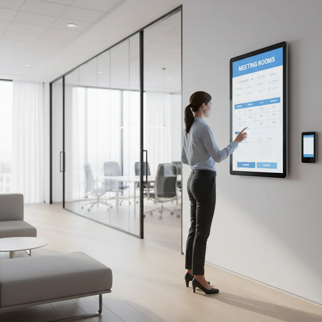 Employee booking a meeting room from a digital scheduling dashboard in a modern office
