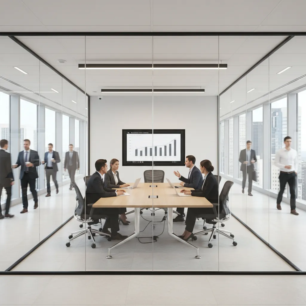 Meeting room near busy office hallway demonstrating noise distraction risks