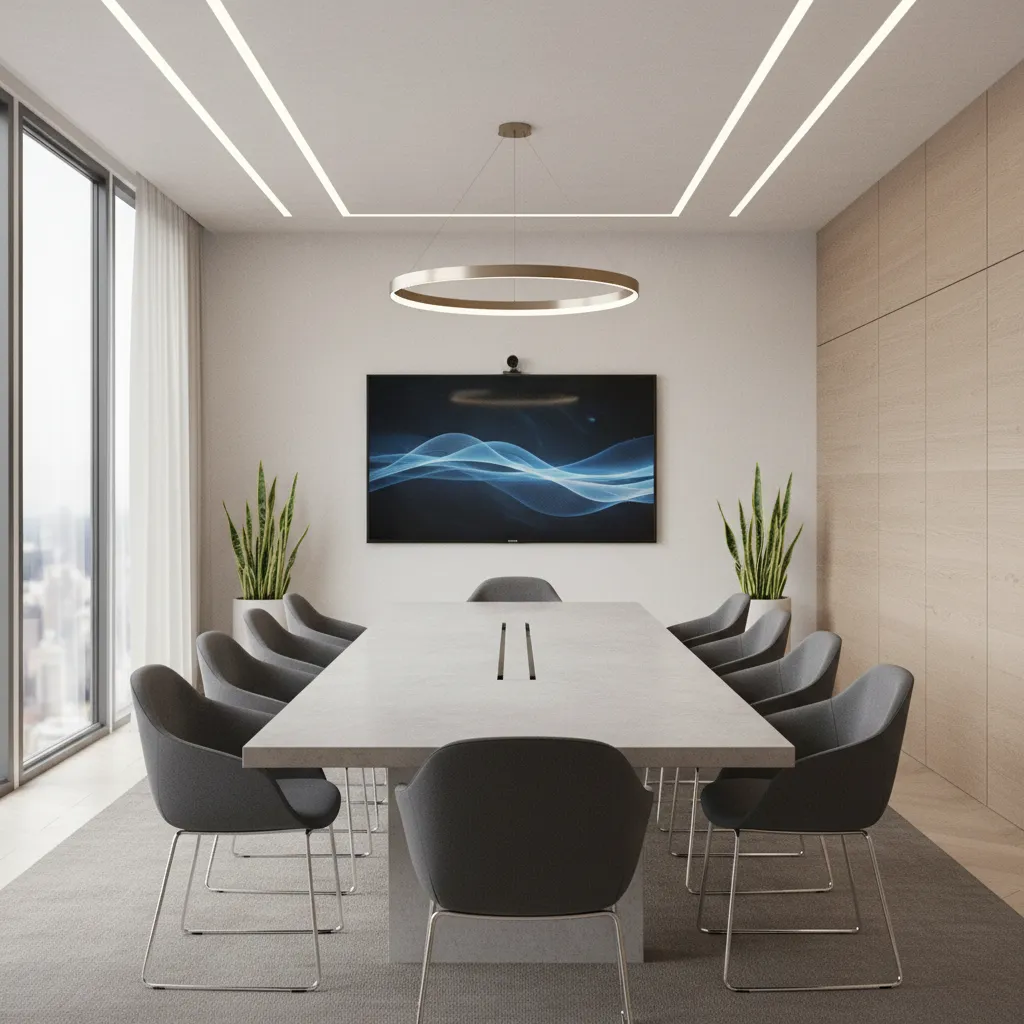 Meeting room layout showing TV mounted at eye level on wall