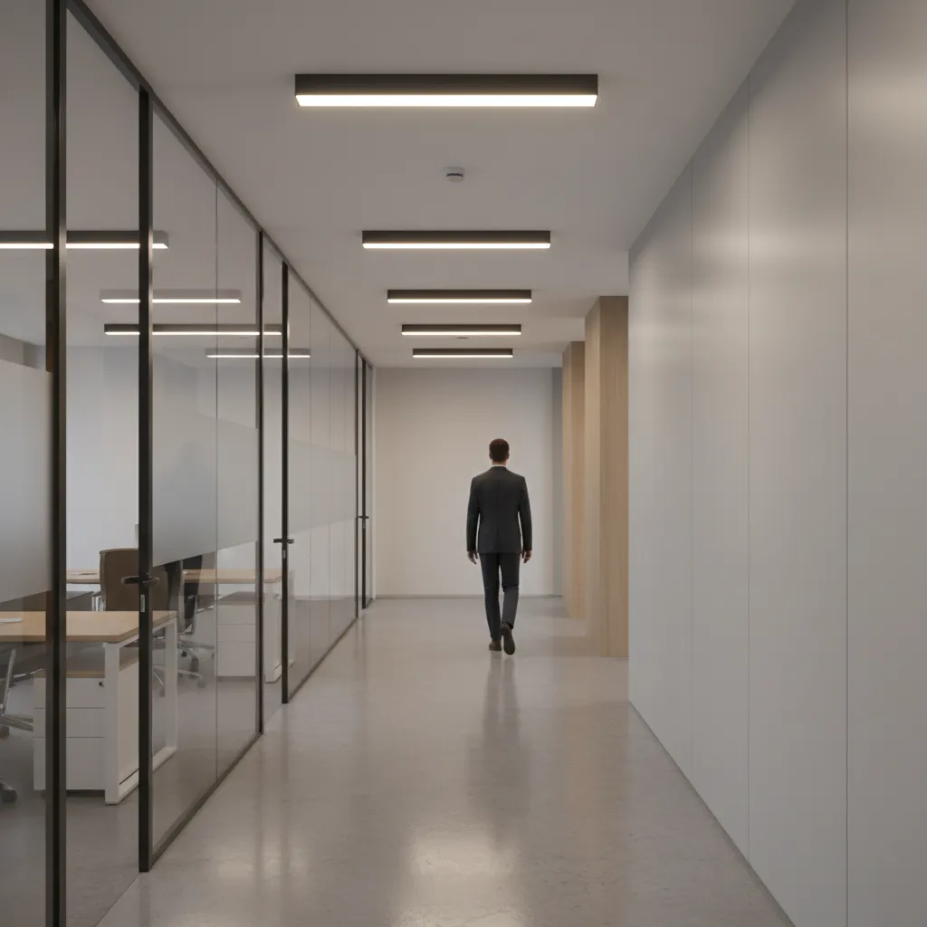 Modern office hallway with motion sensor lighting turning on as a person walks through