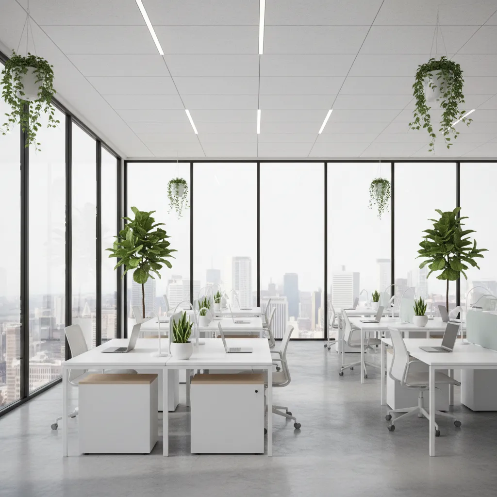 Bright open plan office with white desks chairs large windows city view and hanging plants