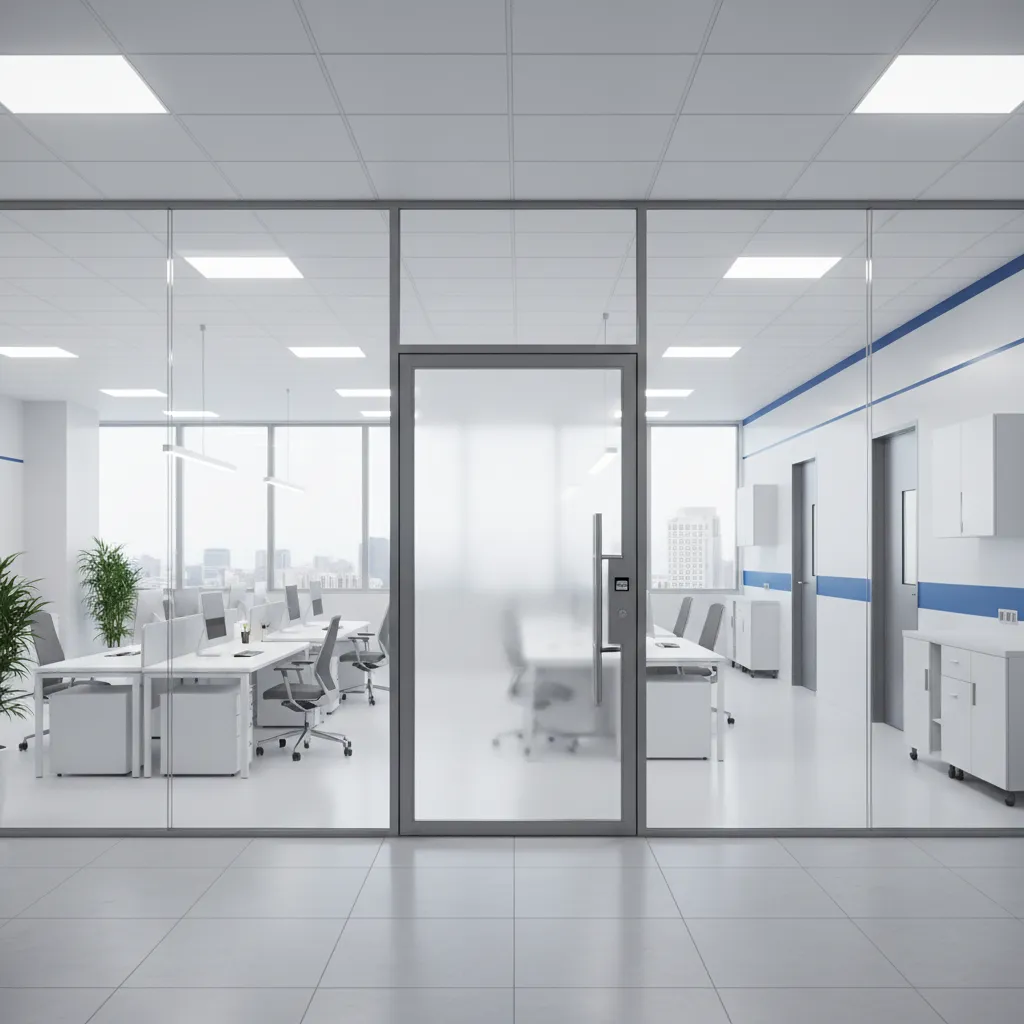 transition area between corporate office workspace and laboratory corridor in pharmaceutical building