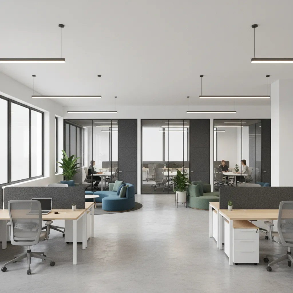 Modern office workspace using glass and acoustic partitions