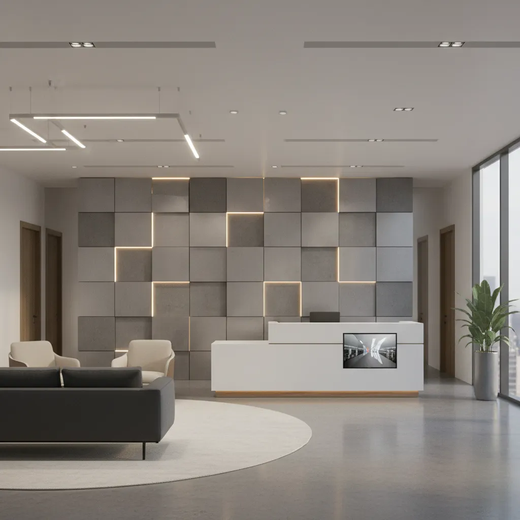 Modern office reception with decorative finish board wall
