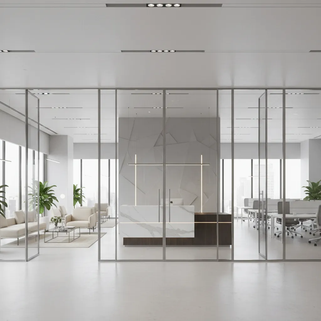 Modern office reception with glass partition separating waiting area