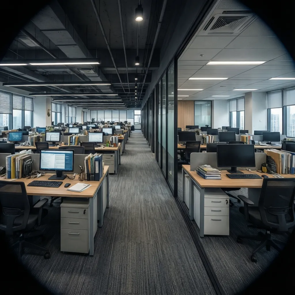 comparison of dense open office seating versus spacious private offices