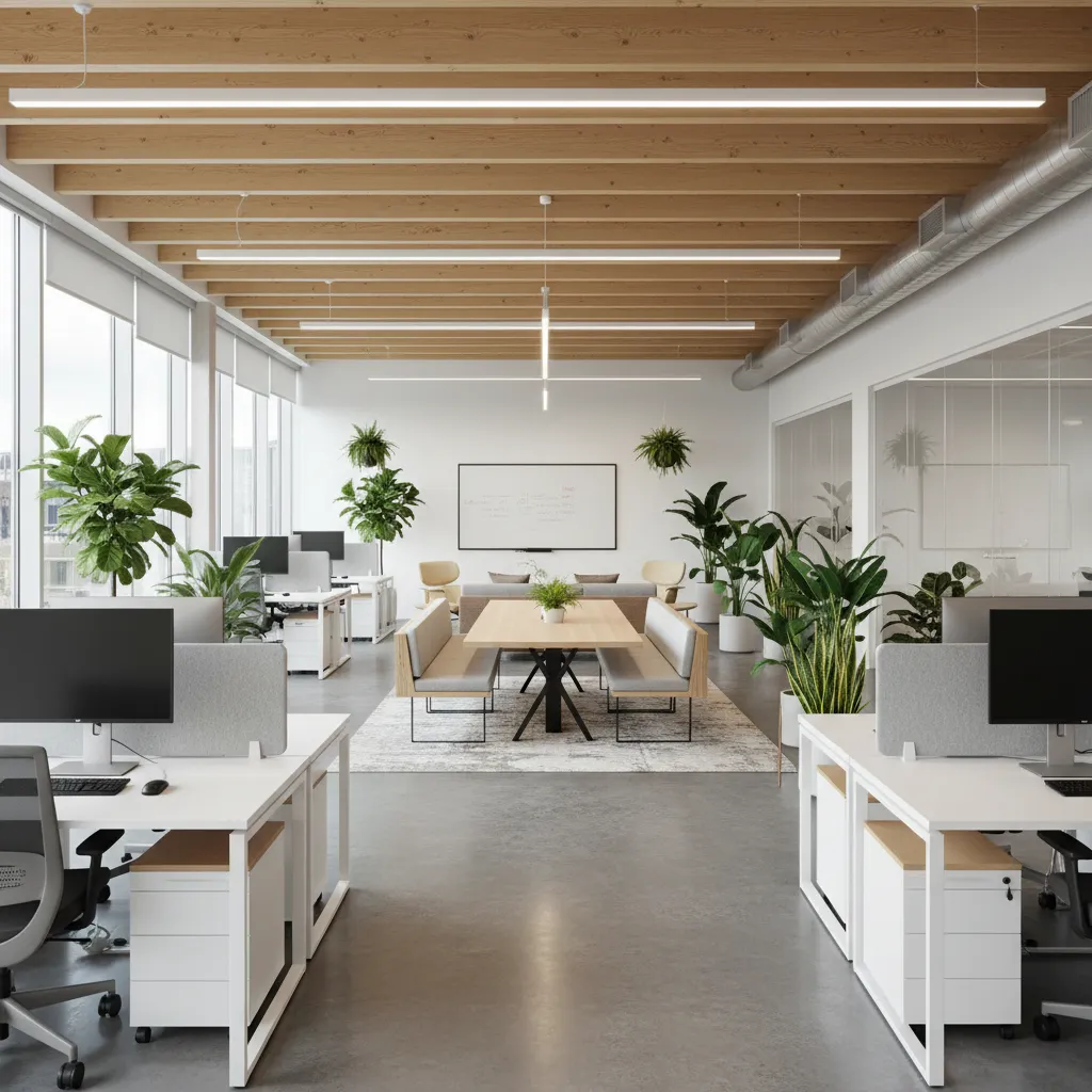 Modern office with wood beam ceiling green plants white desks and large wooden meeting table