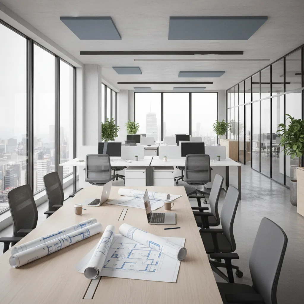 modern office layout planning with floor plan and workspace arrangement
