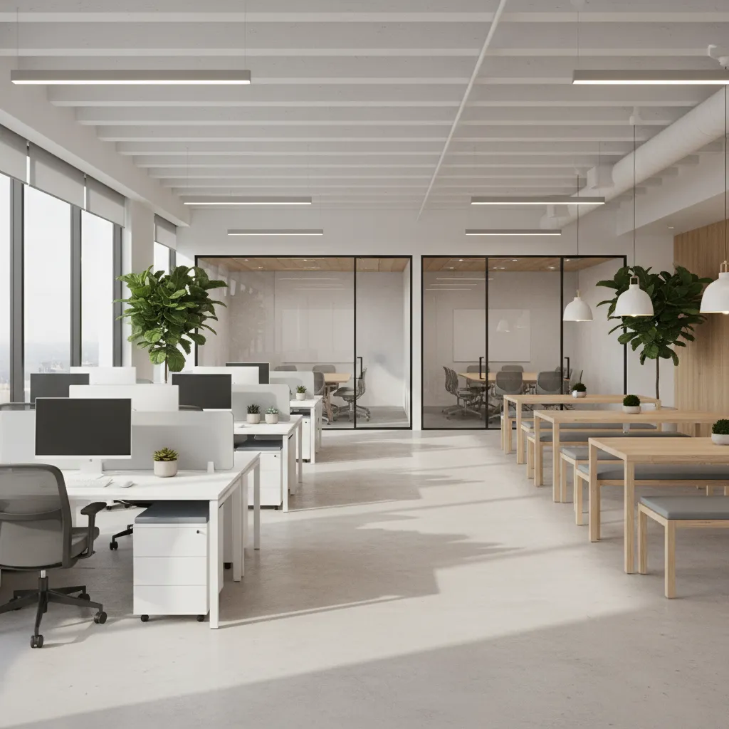 Distribución moderna de puestos de trabajo en oficina