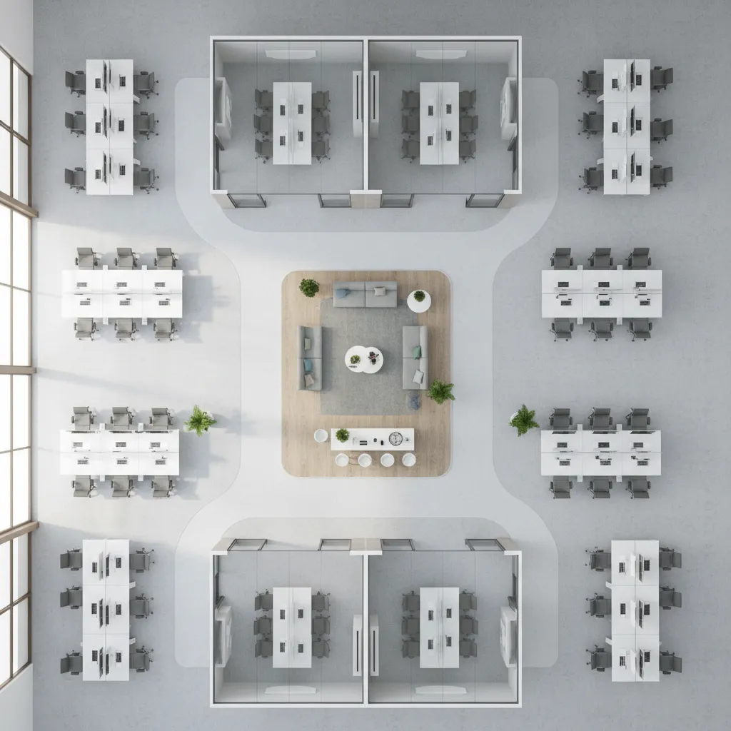 3D office layout showing workstation clusters and meeting room placement