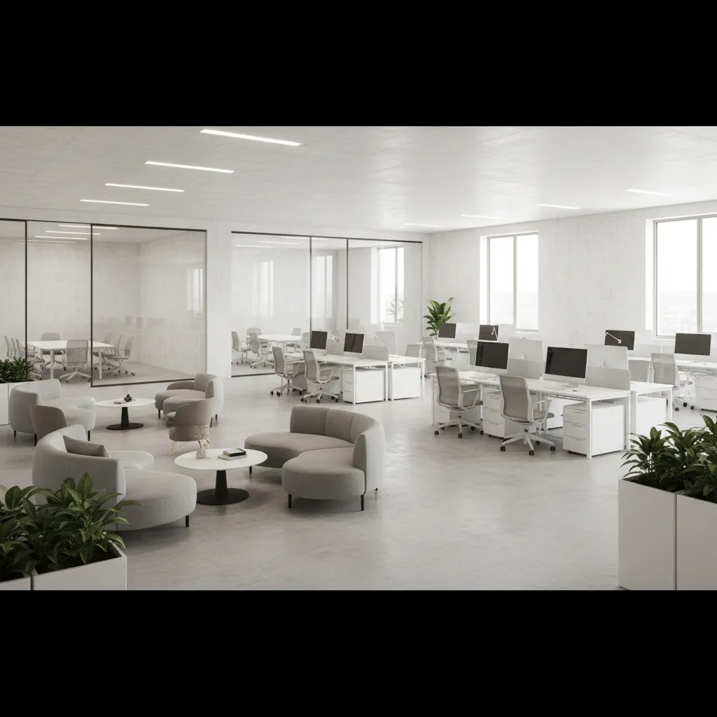 3D visualization of modern office layout with desks and collaborative spaces