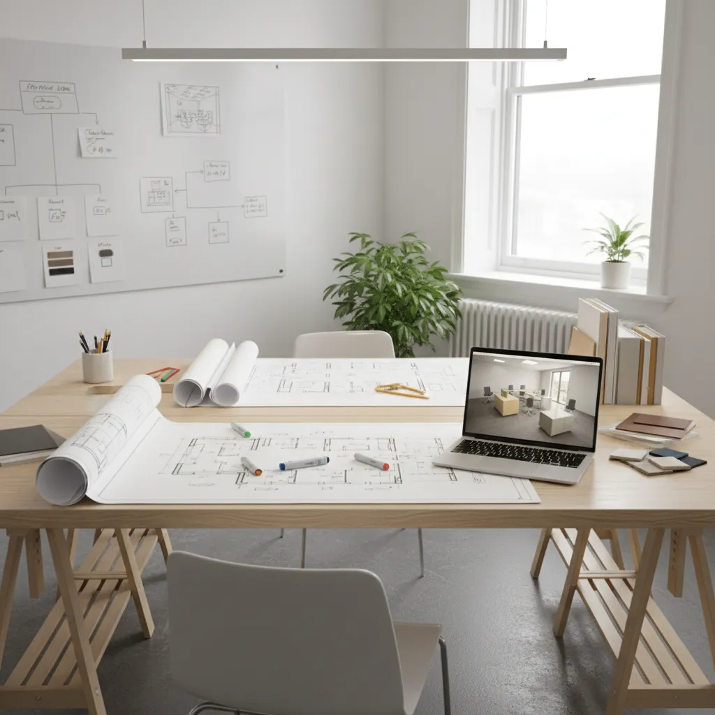 Interior design drawing on wooden table with laptop showing room layout and two white chairs