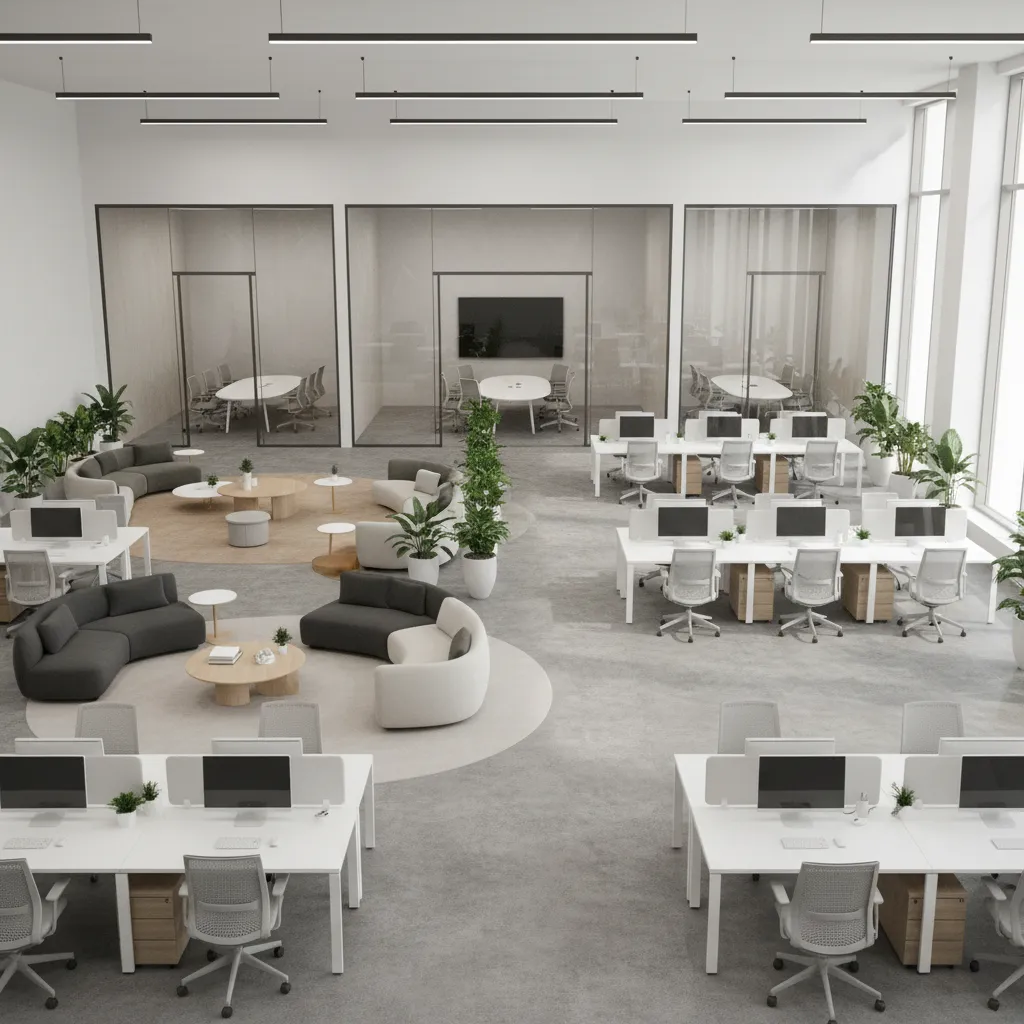 Modern office layout with workstations and collaboration zones