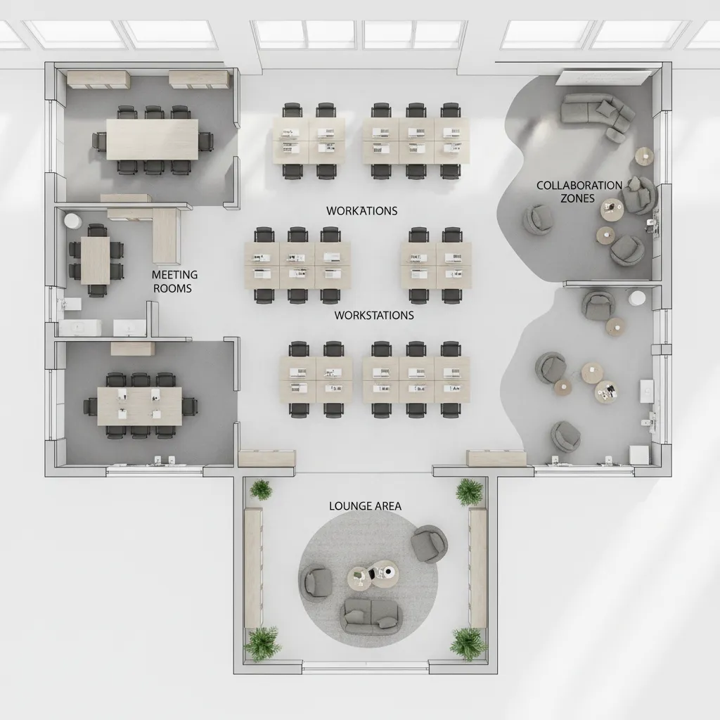office space planning diagram showing zones for desks collaboration areas and meeting rooms