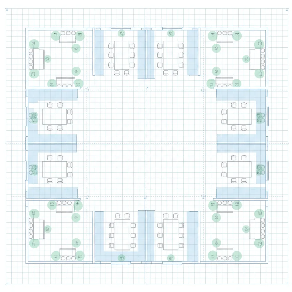 Office layout diagram with square footage measurement grid and workstation spacing