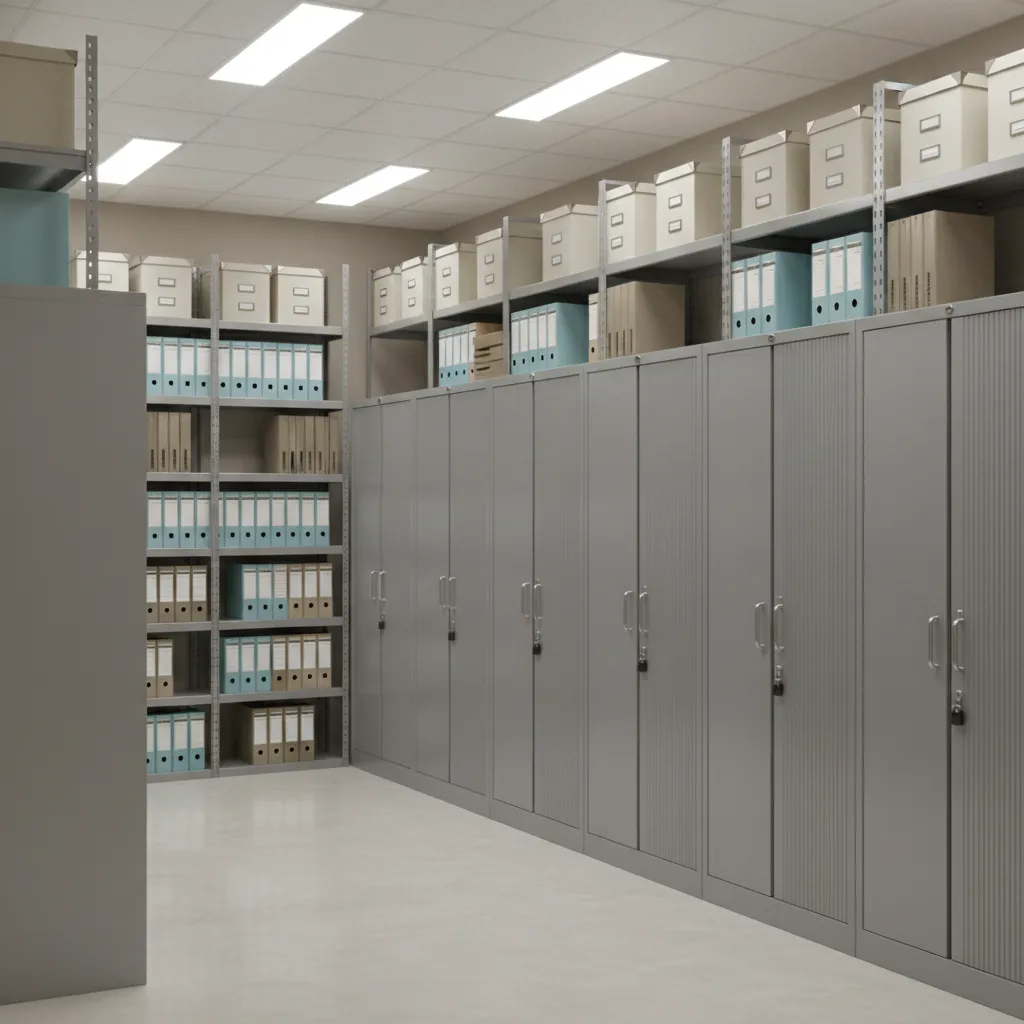 Office storage room with steel cupboards for documents