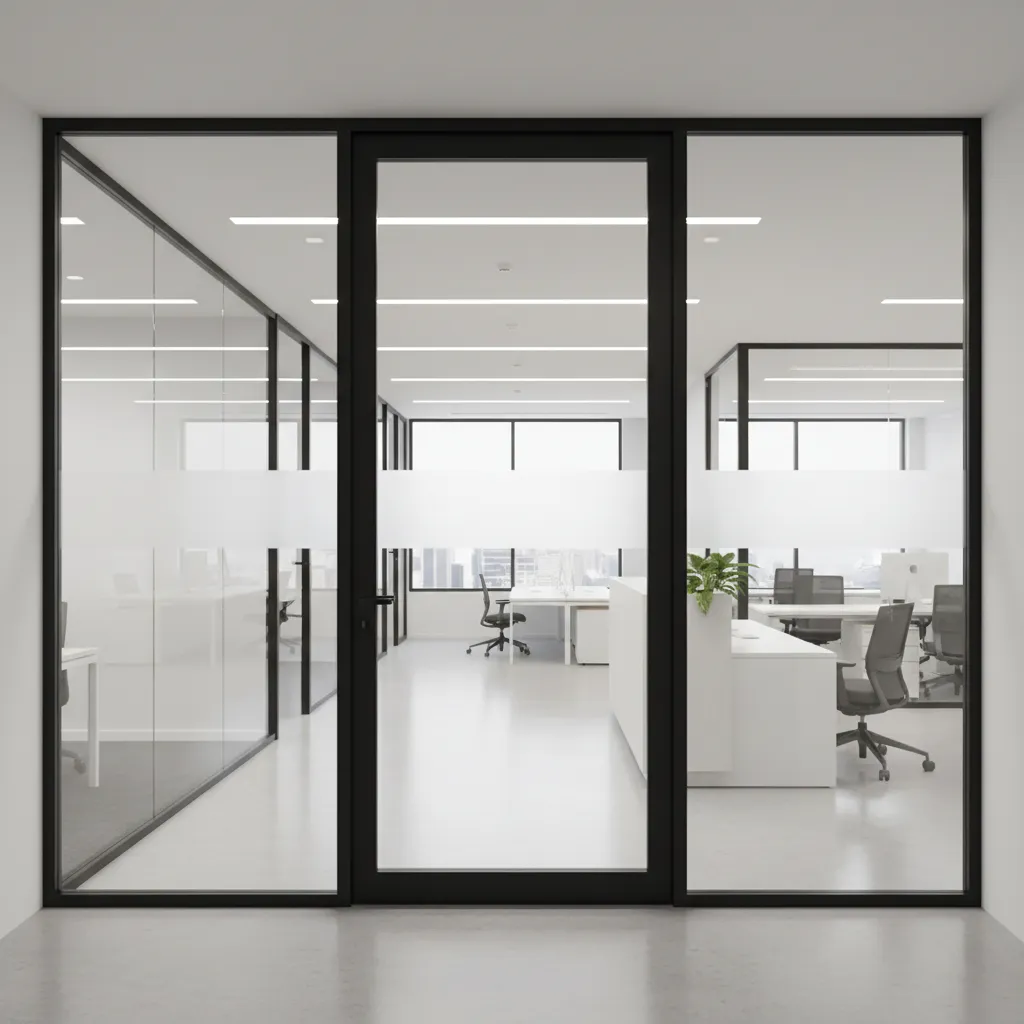 Modern office storefront glass door with frosted privacy film