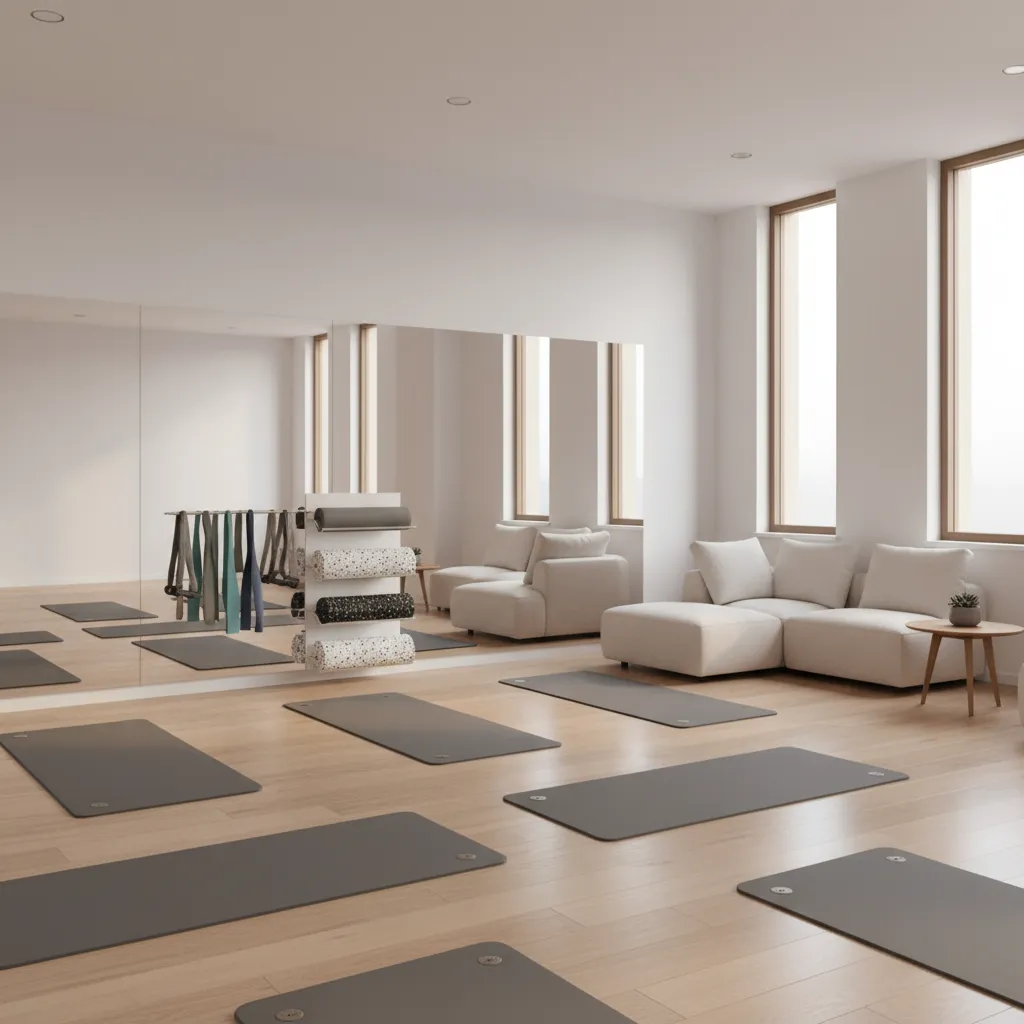 Office stretching and mobility zone with yoga mats and foam rollers