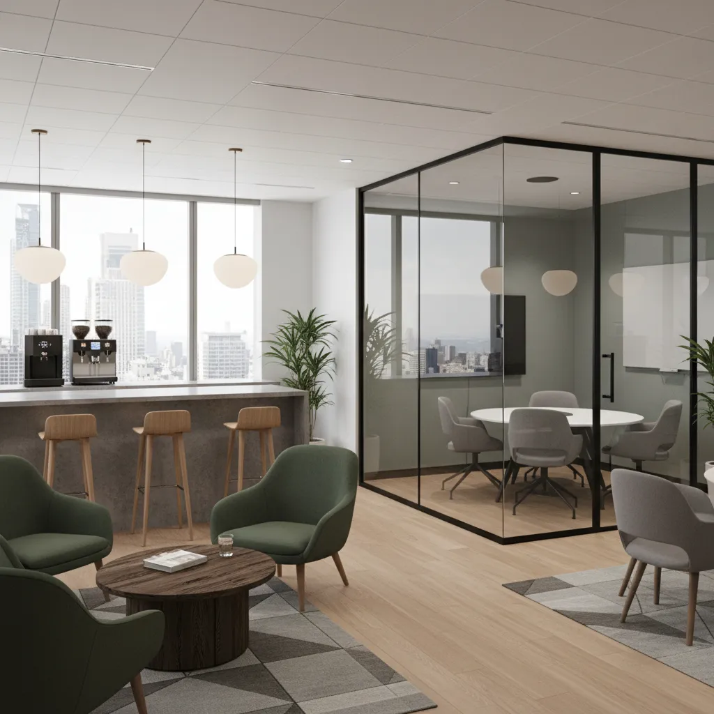 Office pantry area with glass meeting room bar counter stools green chairs and small table