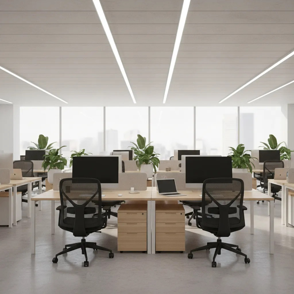 Open office workspace with bright task lighting over desks and linear LED fixtures