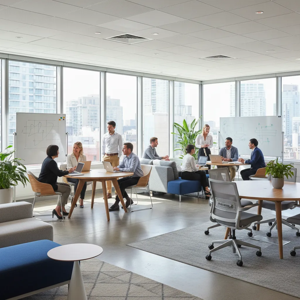 office tenants collaborating in a modern shared workspace