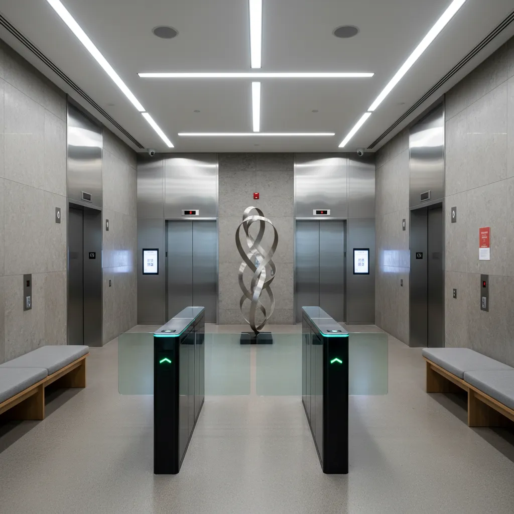 Corporate elevator lobby with destination control system and secure floor access