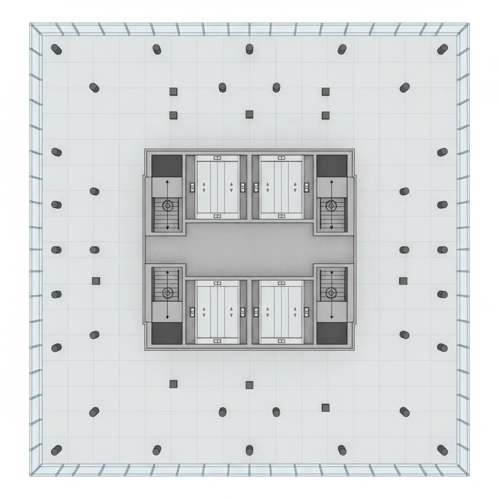 Office tower floor plan layout showing four elevators stairs many columns and large open areas