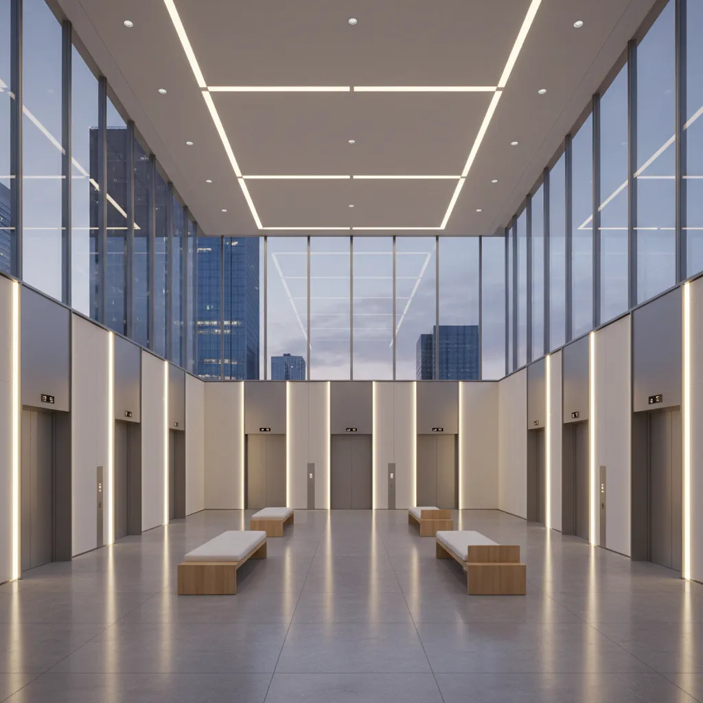 Modern elevator lobby with multiple doors wooden benches large windows and bright linear ceiling lights