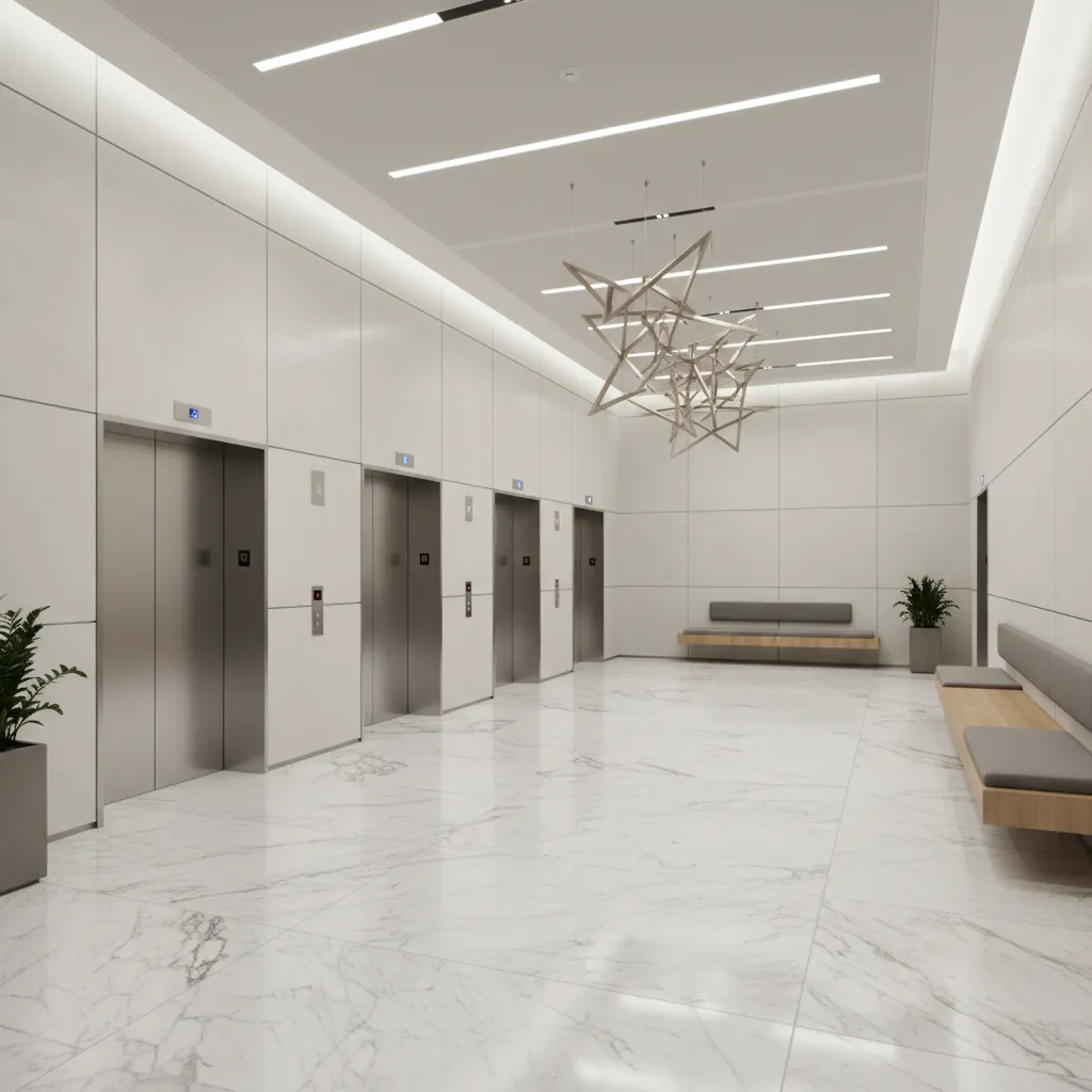 Modern office elevator lobby with marble floor ceiling light four elevator doors and wooden benches