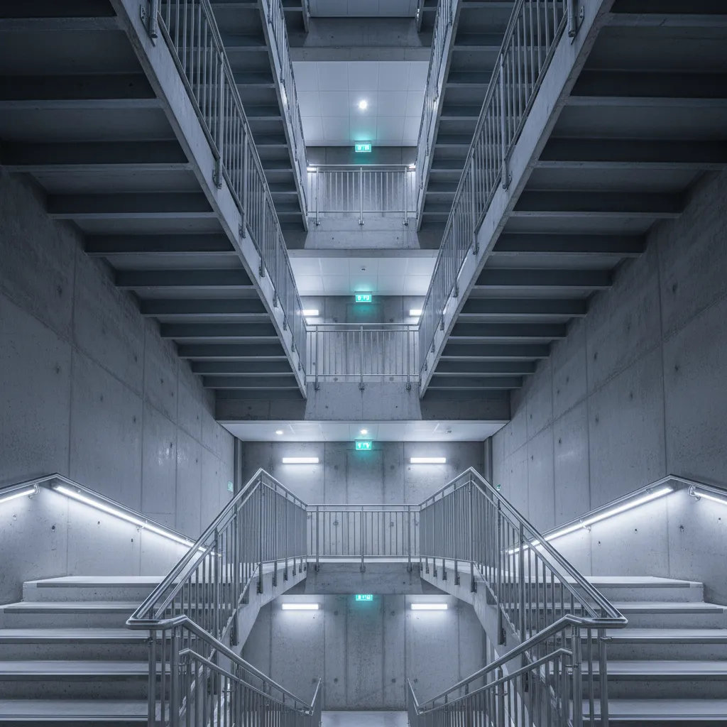 Modern concrete fire exit stairs with metal railings and bright lights in an office building
