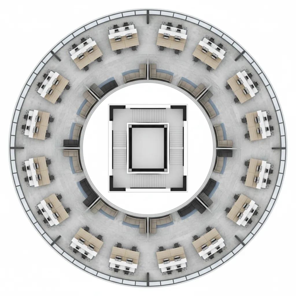 Circular office room layout with desks and sofas arranged around a central white square area