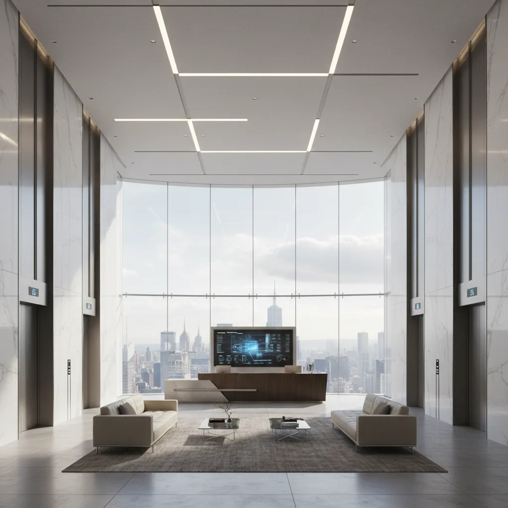 Modern office sky lobby with large windows city views two sofas marble walls and elevators