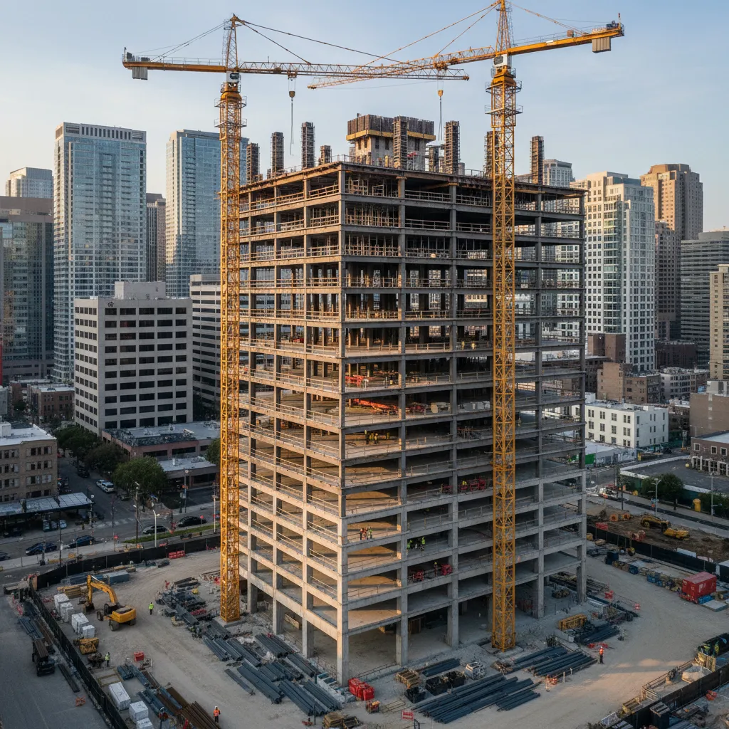 High rise office building under construction with two yellow cranes and concrete frame in city