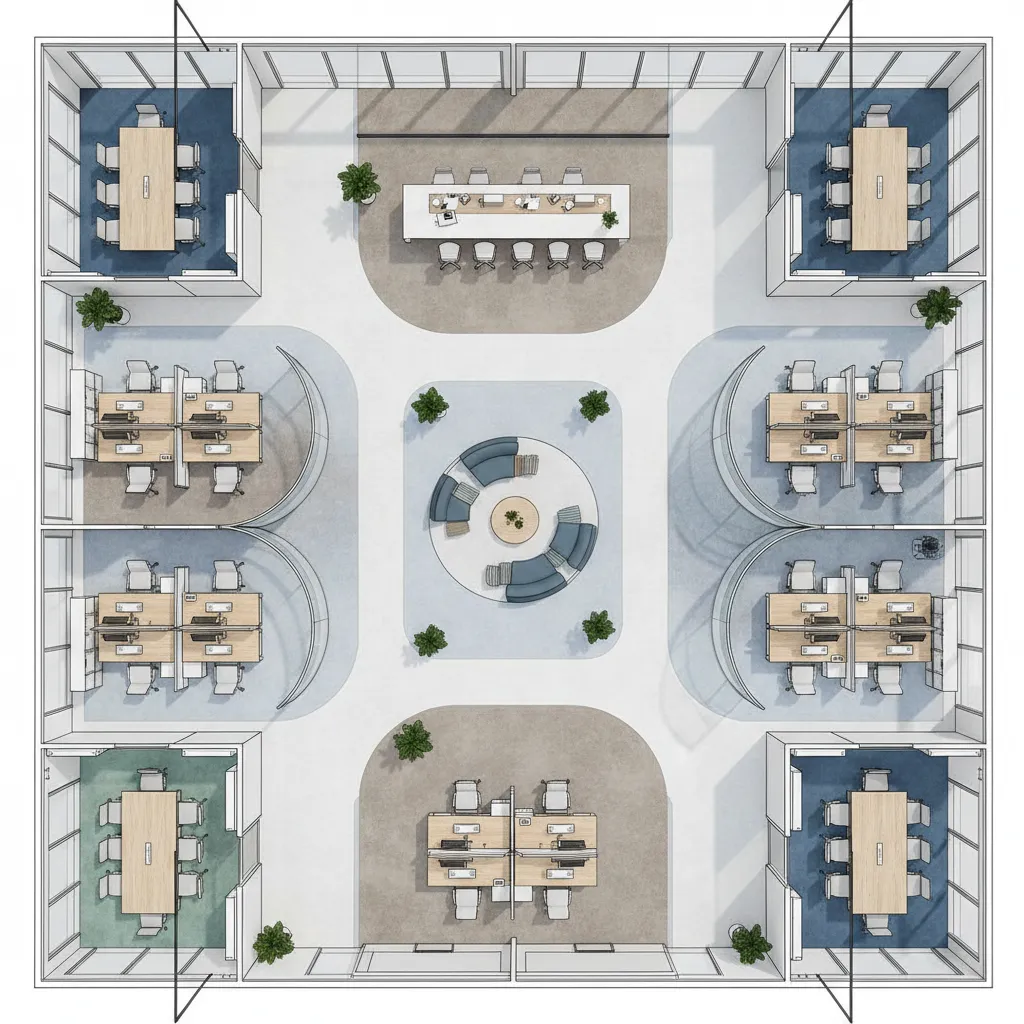 office floor layout showing clear circulation paths around workstation clusters